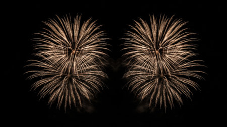 Experience the beauty of golden fireworks bursting brilliantly in the night sky, ideal for celebrations, holidays, and captivating visual displays at events.の素材