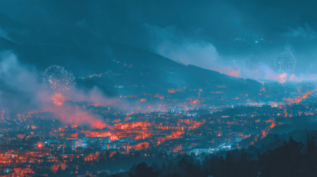 Explore a breathtaking panoramic view of a city skyline alive with vibrant fireworks, misty clouds, and illuminated buildings under a twilight sky.の素材
