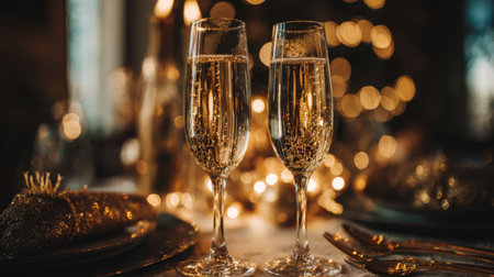 Two elegant champagne glasses filled with sparkling beverage sit on a beautifully set table, with warm bokeh lights creating a festive atmosphere, ideal for celebrations.の素材