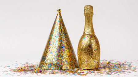 Enhance your party atmosphere with vibrant party accessories, featuring a shimmering gold cone hat and a sparkling bottle surrounded by colorful confetti. Perfect for celebrations!の素材