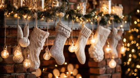 A warm and inviting Christmas mantel features a collection of knitted stockings, twinkling lights, and charming decor, creating a cozy holiday atmosphere.の素材