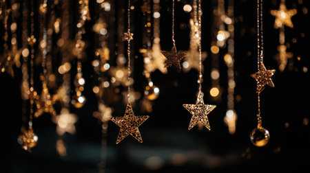 A captivating arrangement of golden stars and shining gems creates a whimsical atmosphere, perfect for festive celebrations or decorative inspiration. Ideal for brightening spaces.の素材