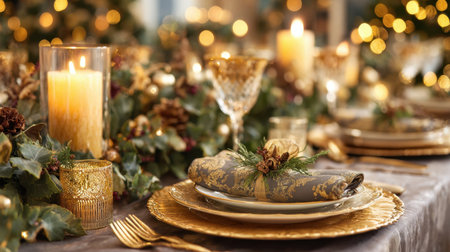 A luxurious holiday table setting featuring elegant candles, beautiful glassware, and festive decorations, creating a warm atmosphere for Christmas gatherings.の素材