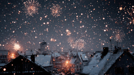 Experience a magical winter night filled with vibrant fireworks amidst gently falling snow, illuminating a charming village and creating a cozy festive atmosphere.の素材