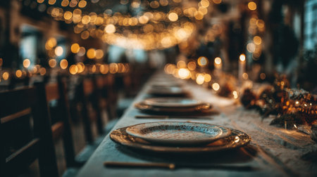 A beautifully arranged dining space featuring candles and string lights that create a magical ambiance for intimate gatherings and festive celebrations.の素材