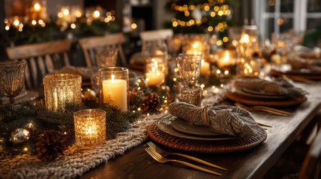 A beautifully arranged holiday table radiates warmth with glowing candles and festive decorations, perfect for intimate gatherings with family and friends.の素材