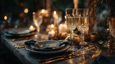 A beautifully arranged dining table featuring champagne glasses, elegant plates, and flickering candles, creating a warm and inviting atmosphere for memorable occasions.の素材