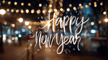 Celebrate the arrival of a New Year with this artistic image featuring elegant handwritten typography and soft bokeh lights in the background, creating a festive ambiance.の素材