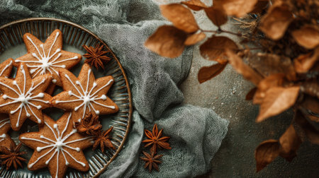 Delight in this beautiful display of star-shaped gingerbread cookies with icing on a rustic plate, surrounded by warm autumn decor, perfect for holiday gatherings.の素材