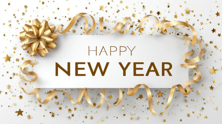 Elegant New Year greeting design featuring a gold bow and sparkling stars on a bright background with decorative ribbons, perfect for festive celebrations and greeting cards.の素材