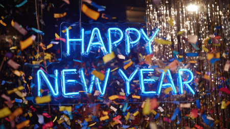 A captivating blue neon sign reads "Happy New Year," surrounded by a flurry of colorful confetti and a shimmering backdrop, perfect for celebrations and festivities.の素材