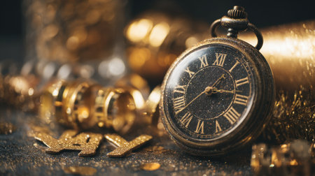 A stunning vintage pocket watch rests amidst golden decorations and shimmering confetti, capturing the essence of celebrations and timeless elegance. Ideal for festive themes.の素材