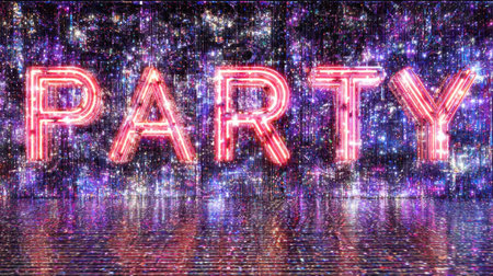Bright neon sign with a glittering backdrop creates a stunning visual perfect for parties and celebrations, adding an energetic and joyful touch to any event.の素材