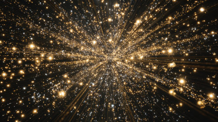 Explore a mesmerizing universe filled with radiant golden stars and vibrant light beams, creating a captivating cosmic background for design and creative projects.の素材
