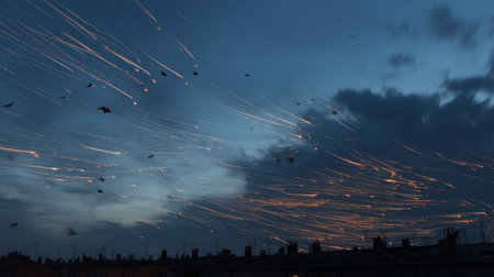 Captured during twilight, this image showcases a captivating night sky filled with streaking lights and birds in flight, creating a dynamic urban atmosphere.の素材