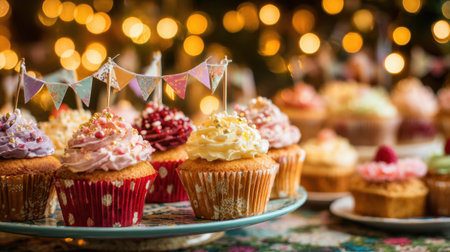A delightful arrangement of colorful cupcakes featuring whipped frosting and decorative toppers, set against a soft bokeh backdrop with warm festive lights.の素材