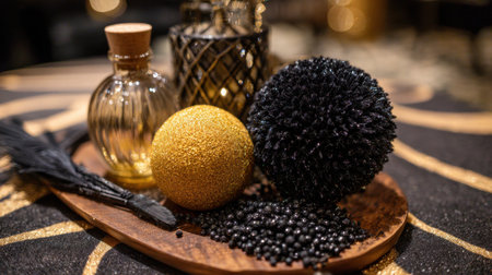 Discover a stunning decor arrangement with golden and black elements that create an inviting and sophisticated atmosphere for any stylish setting or celebration.の素材