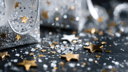 A captivating scene featuring shimmering silver and gold stars scattered on a dark surface, complemented by sparkling confetti, perfect for festive occasions and celebrations.の素材