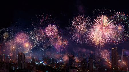 A stunning view of a colorful fireworks display lighting up the night sky above a bustling cityscape, creating an electrifying and festive atmosphere.の素材