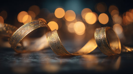 A beautiful golden ribbon sprawled elegantly across a table, surrounded by a soft bokeh background that creates a warm, festive atmosphere, perfect for any celebration.の素材