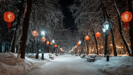 Experience a serene winter night in a picturesque park, where trees are draped in snow and vibrant lanterns create a magical atmosphere for evening strolls.の素材