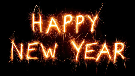 This vibrant image features "Happy New Year" written in sparkling firework light against a striking black background, perfect for greeting cards or festive decoration.の素材