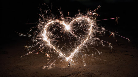A dazzling heart shape created with sparklers illuminates the night, exuding romance and joy perfect for celebrations, festivals, and special moments filled with love.の素材