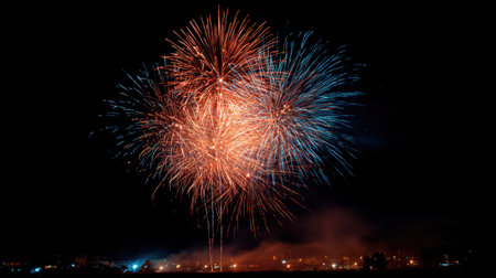 Experience the breathtaking beauty of a colorful fireworks display lighting up the night sky over an urban landscape, perfect for celebrations and special occasions.の素材