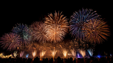 A stunning display of colorful fireworks lights up the night sky, captivating the crowd below. The vibrant bursts create a magical atmosphere perfect for celebrating special occasions.の素材