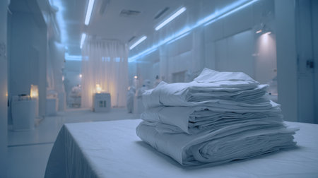 A serene view of neatly stacked white linens in a modern hospital room, showcasing a clean environment with soft blue light and medical professionals attending to patients.の素材