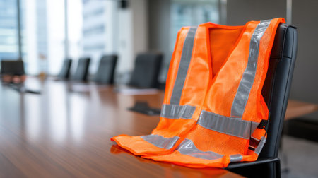 A bright orange safety vest sits neatly on an office chair in a modern conference room, symbolizing the importance of safety and professionalism in a corporate setting.の素材