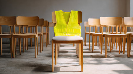 A bright yellow safety vest sits prominently on a chair in an empty room, highlighting the importance of safety awareness and preparation in various professional and community settings.の素材