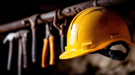 A bright yellow hard hat is prominently displayed, hanging from a rusty pipe. Surrounding tools signify a work environment focused on safety and readiness in construction.の素材