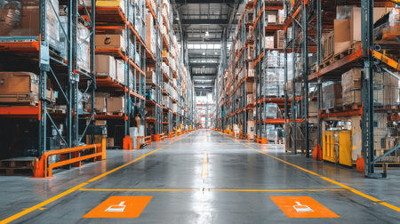 This image showcases the interior of a spacious warehouse, featuring tall shelves filled with boxes, bright lighting, and a clear pathway, highlighting efficient logistics.の素材