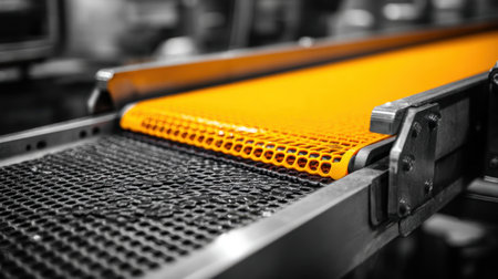 A close-up of an industrial conveyor belt featuring a bright orange surface, highlighting the movement of materials in a modern manufacturing environment and efficient designs.の素材