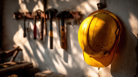 A yellow hard hat hangs against a rustic wall, surrounded by an array of tools, illuminated by soft natural light, creating an inviting and vintage workshop atmosphere.の素材