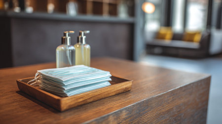 This image showcases a modern hotel reception featuring hand sanitizer bottles and face masks on a wooden tray, emphasizing cleanliness and safety for guests.の素材