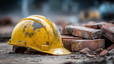 A yellow hard hat rests on the ground beside a stack of bricks at a construction site, representing safety in industrial work and the importance of protective gear.の素材