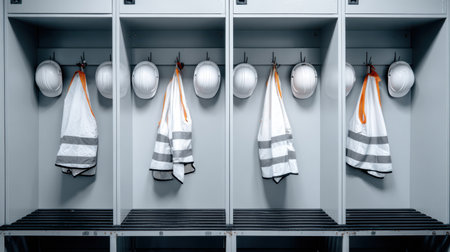 A modern industrial locker room features gray metal lockers, showcasing safety helmets and reflective work jackets neatly hung for professional organization and easy access.の素材