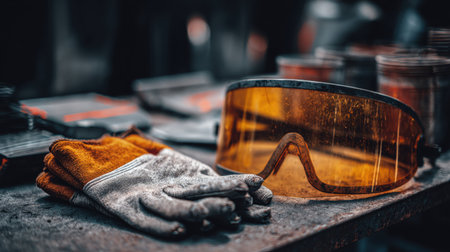 Close-up view of safety goggles and work gloves laid out on a metal table, showcasing essential tools for a safe and productive workshop environment in industrial settings.の素材