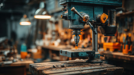 A vintage drill press rests in a dimly lit workshop, surrounded by various woodworking tools, creating a rustic and atmospheric backdrop for craftsmanship.の素材