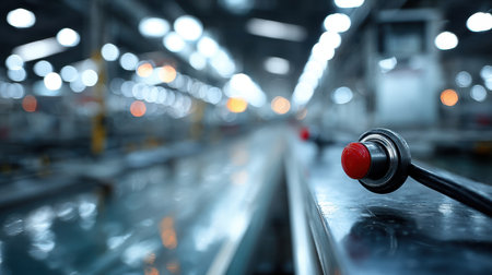 A close-up of a red emergency stop button in an industrial manufacturing setting. The blurred factory background with bokeh emphasizes the focus on safety and control elements.の素材