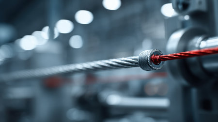 This close-up image showcases a metallic cable with a striking red accent, set against a blurred industrial background, perfect for technology and engineering themes.の素材