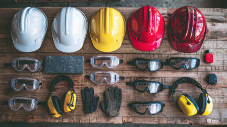 This image showcases an organized layout of safety gear, including hard hats, goggles, and ear protection, ideal for construction or industrial environments.の素材