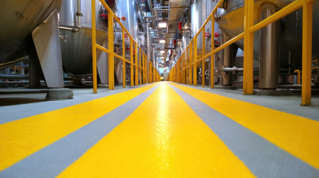 A vibrant industrial production facility corridor showcasing yellow and gray floor markings leading past large stainless steel tanks, emphasizing safety and structure.の素材
