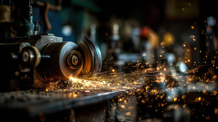 A captivating image showcasing the dynamic metal grinding process in an industrial workshop. Sparks illuminate the workspace, highlighting craftsmanship and precision machines.の素材
