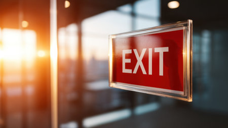 An exit sign stands brightly in a contemporary interior, reflecting warm sunset light through glass walls. This image emphasizes safety and navigation in a modern environment.の素材