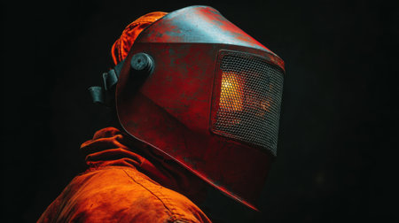A striking portrait of a figure in an industrial helmet, bathed in warm light against a dark background. The composition evokes mystery and artistic intrigue.の素材
