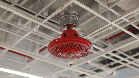 A vibrant red fire sprinkler system hangs from a modern ceiling design, providing essential fire protection and safety measures for commercial and industrial environments.の素材