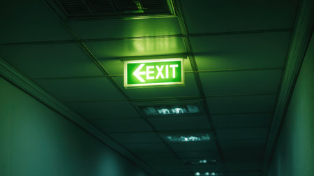 Bright green exit sign illuminates a modern hallway, providing essential emergency guidance and creating a calming atmosphere in an indoor space.の素材
